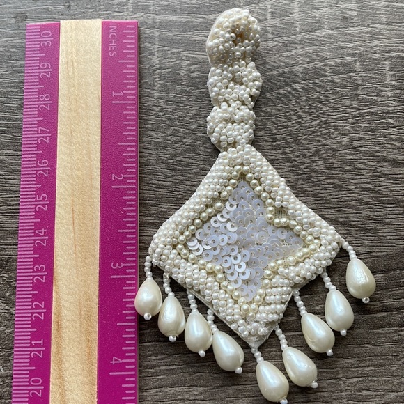 Fabulous White Super Long Chandelier Earrings Handmade with Pearls, sequins - Picture 2 of 4